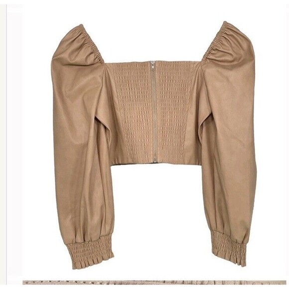 7 For All Mankind Vegan Leather Corset Crop Top Puff Long Sleeves Nude Small NEW - Picture 4 of 11
